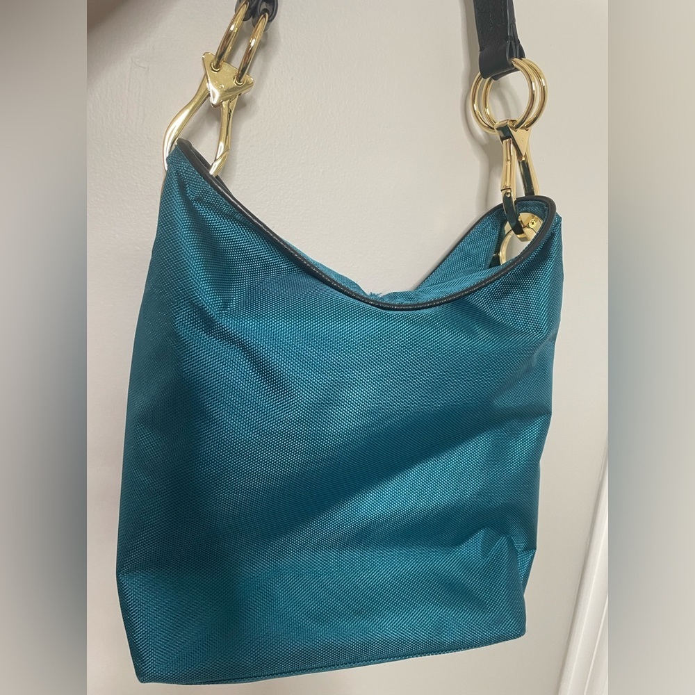 JPK Paris 75 aquamarine or blue nylon hobo bucket shoulder bag with gold-tone - Picture 3 of 8